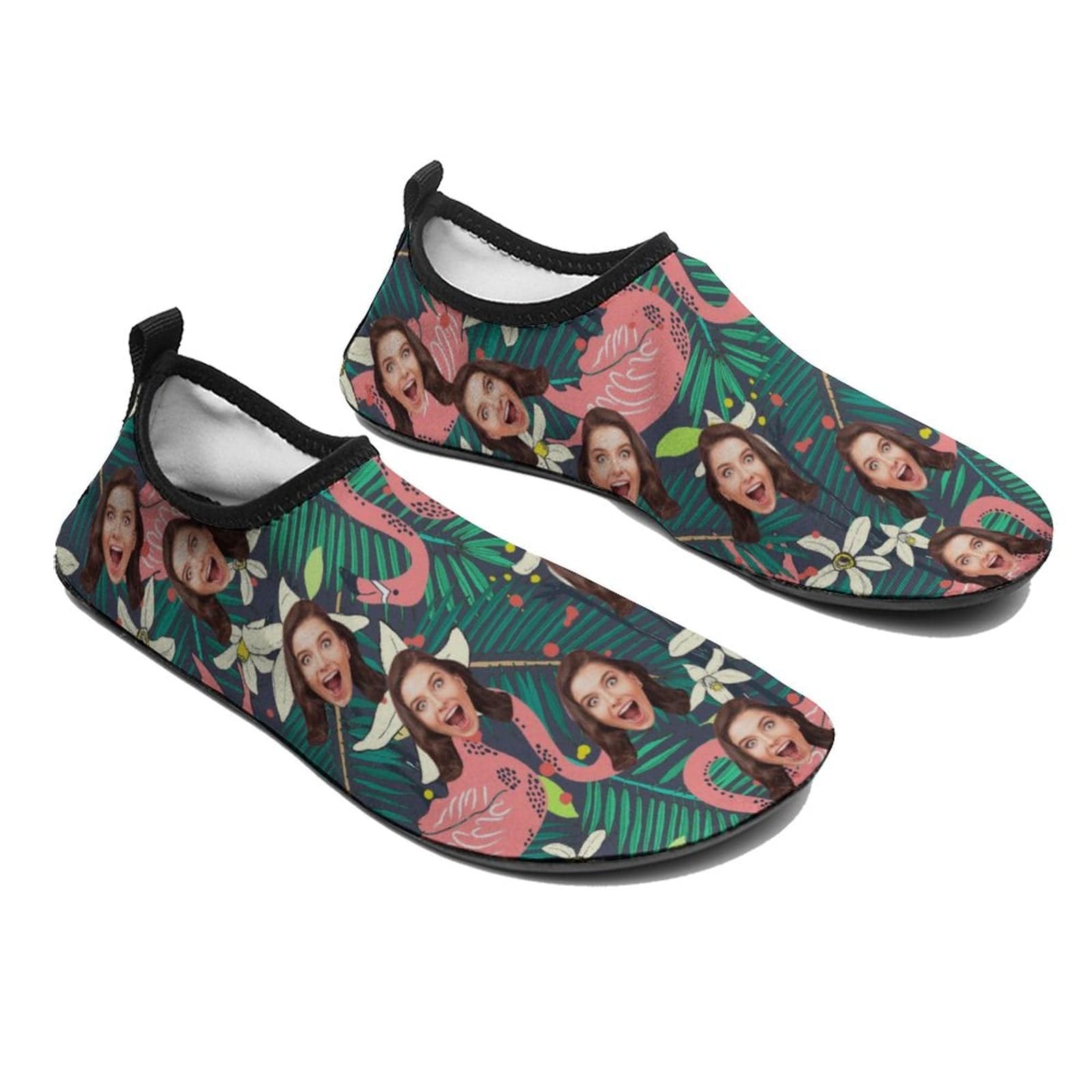 Custom Custom Face Flamingo Green Leaf Diving Slip-on for sport Quick-Dry Shoes Beach Swimming Shoes Aqua Shoes Barefoot Shoes Outdoor Water Shoes - YesCustom