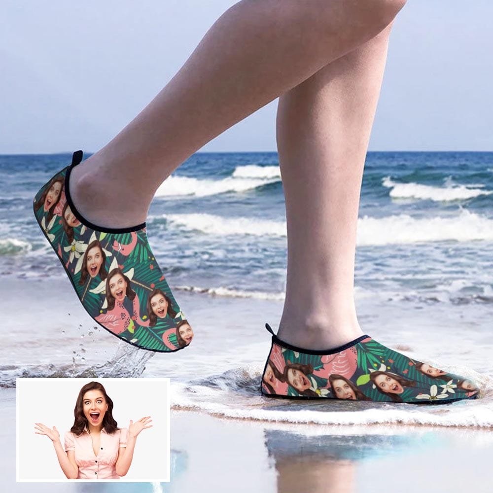 Custom Custom Face Flamingo Green Leaf Diving Slip-on for sport Quick-Dry Shoes Beach Swimming Shoes Aqua Shoes Barefoot Shoes Outdoor Water Shoes - YesCustom