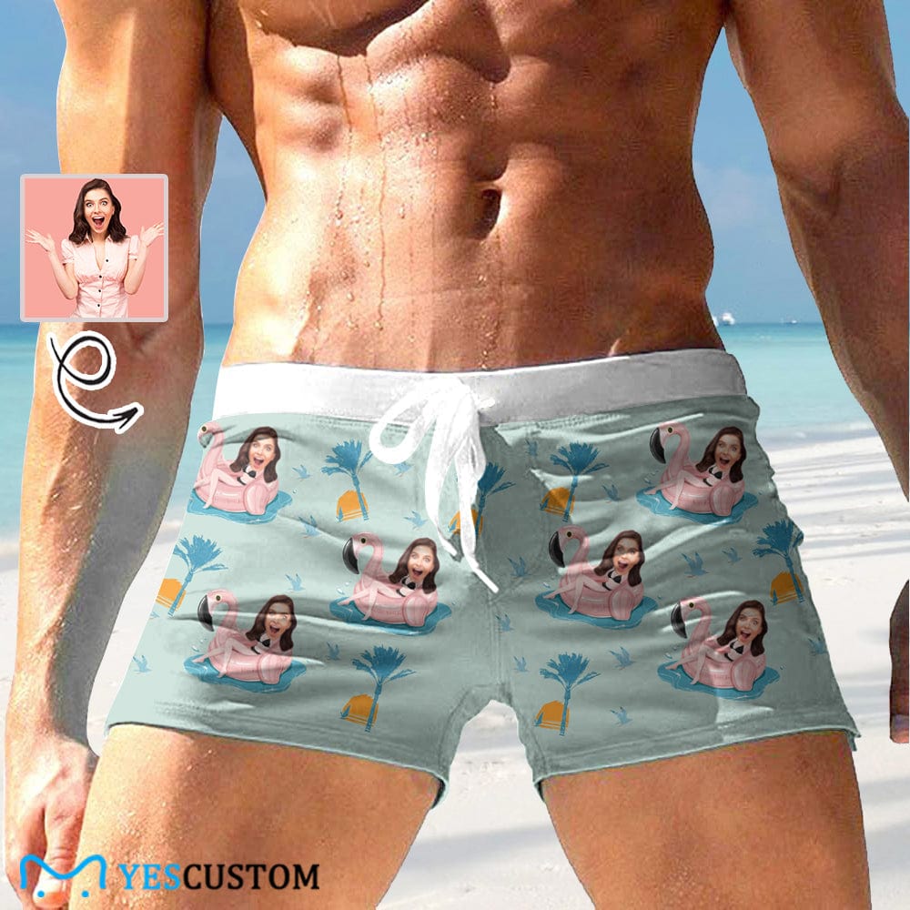Custom Custom Face Flamingo Green Men's Swimwear Short Swim Trunks with Zipper Pocket Personalized Surfing Square Leg Board Shorts - YesCustom