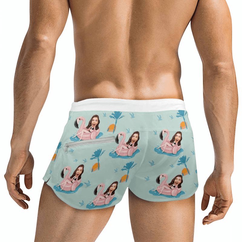 Custom Custom Face Flamingo Green Men's Swimwear Short Swim Trunks with Zipper Pocket Personalized Surfing Square Leg Board Shorts - YesCustom