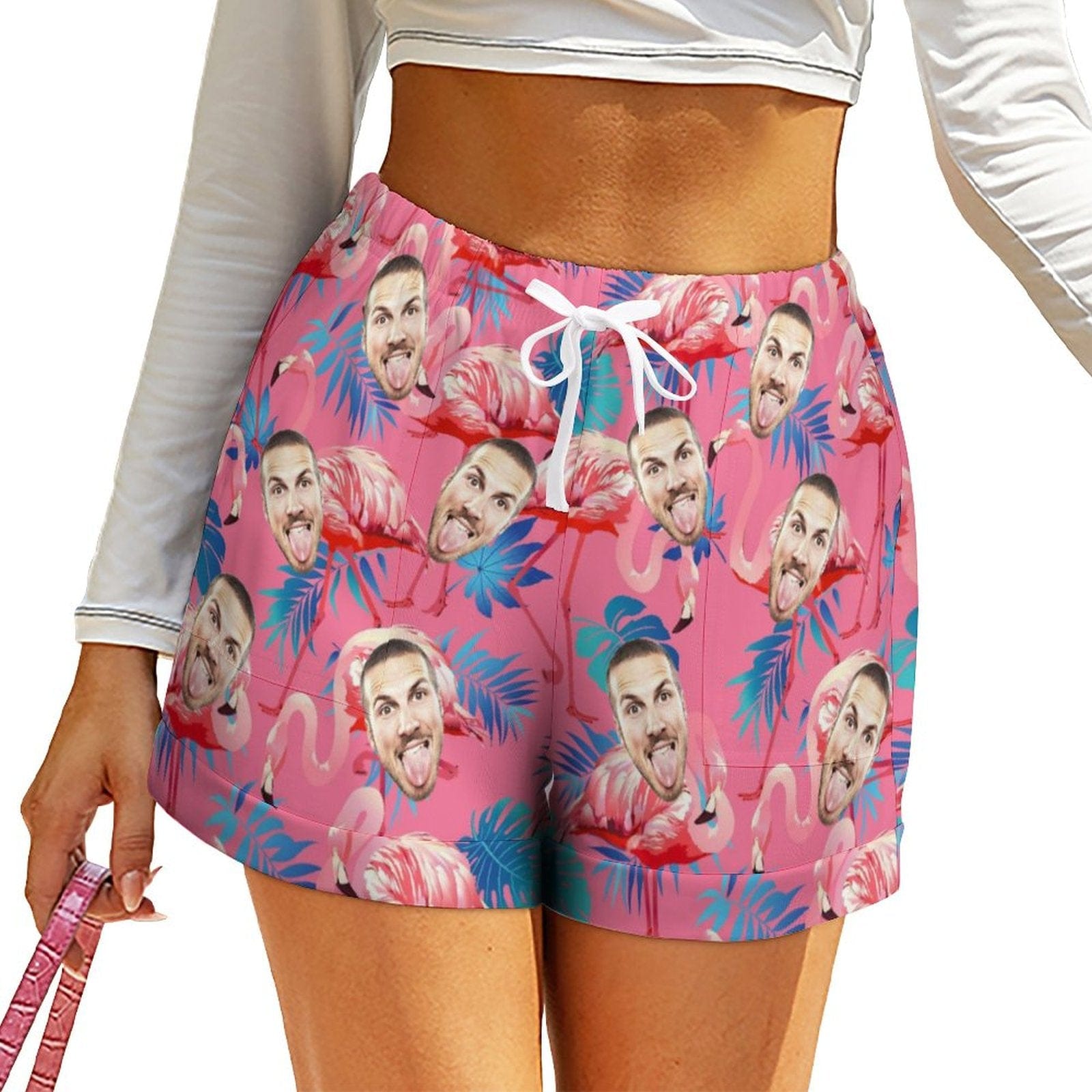 Custom Custom Face Flamingo Leaves Women High Waist Shorts Hot Short Pants Casual Loose Shorts Beachwear for Women Fitness Running Trousers - YesCustom