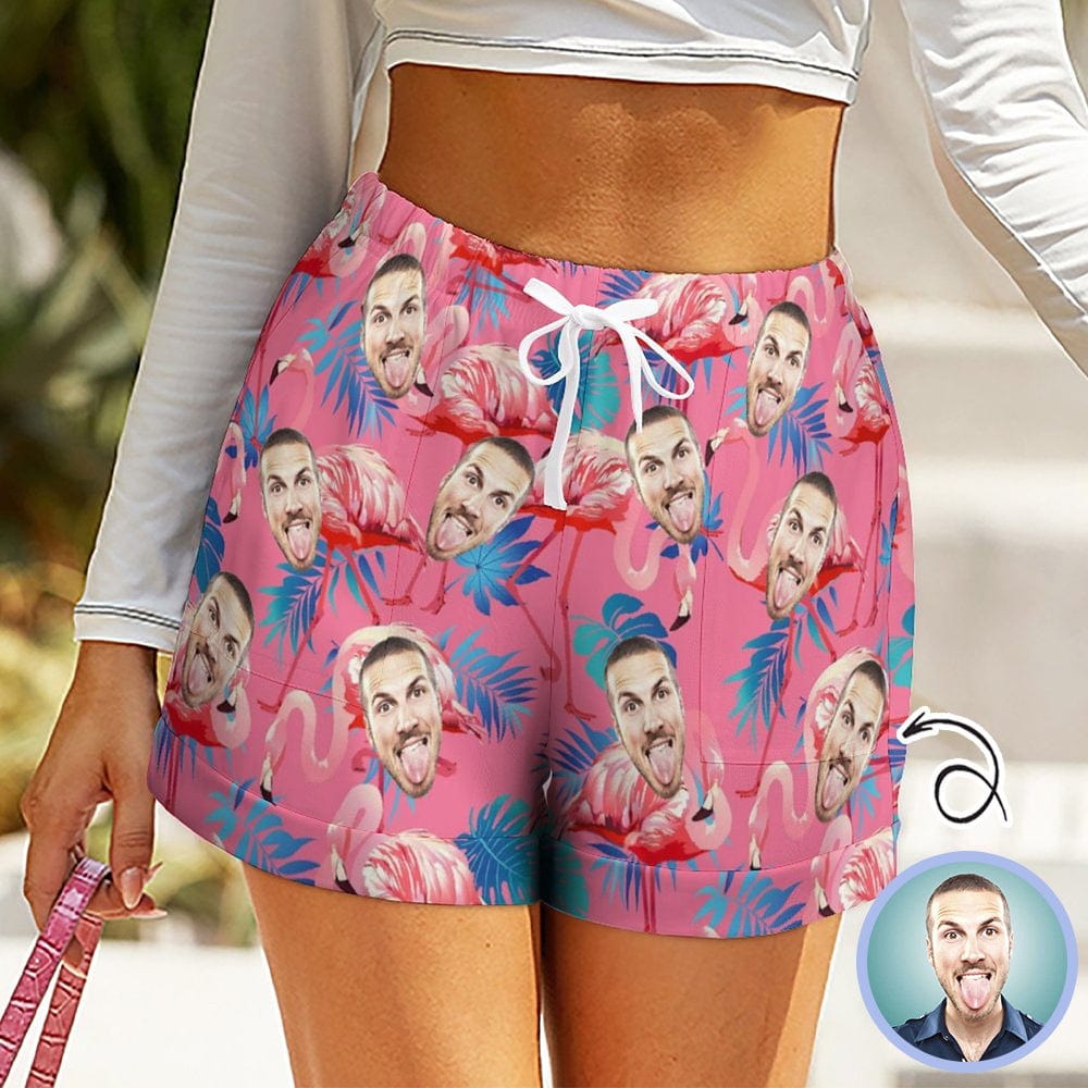 Custom Custom Face Flamingo Leaves Women High Waist Shorts Hot Short Pants Casual Loose Shorts Beachwear for Women Fitness Running Trousers - YesCustom