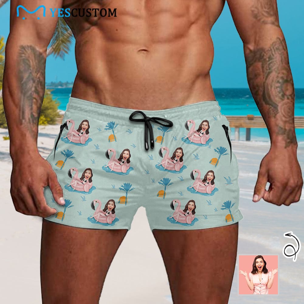 Custom Custom Face Flamingo Men's Quick Dry Shorts Personalized Swim Trunks with Side Zipper Pocket Surfing Square Leg Board Shorts - YesCustom