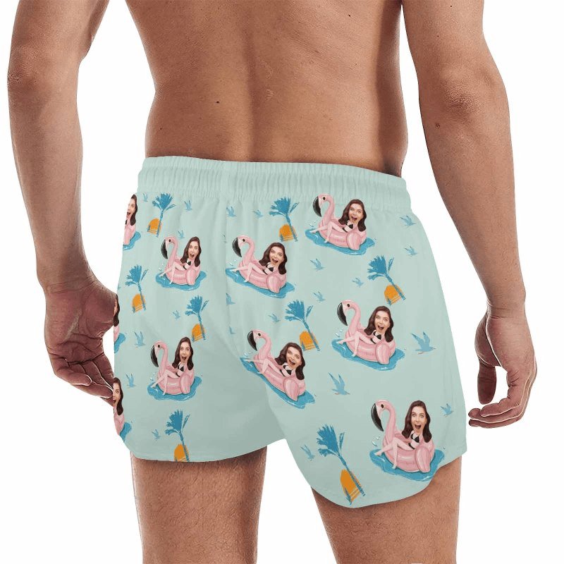 Custom Custom Face Flamingo Men's Quick Dry Shorts Personalized Swim Trunks with Side Zipper Pocket Surfing Square Leg Board Shorts - YesCustom