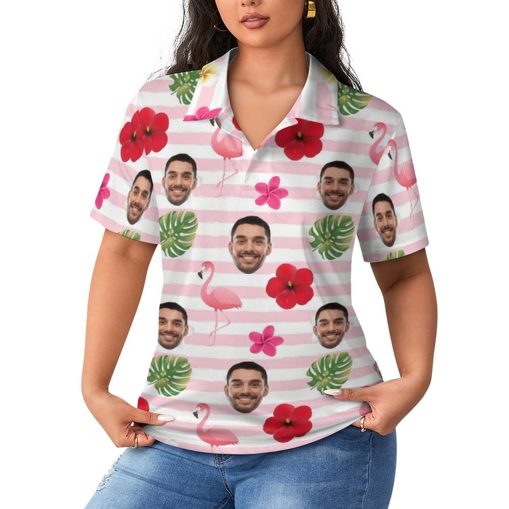 Custom Custom Face Flamingo Red Flowers Women's Polo Shirt - YesCustom