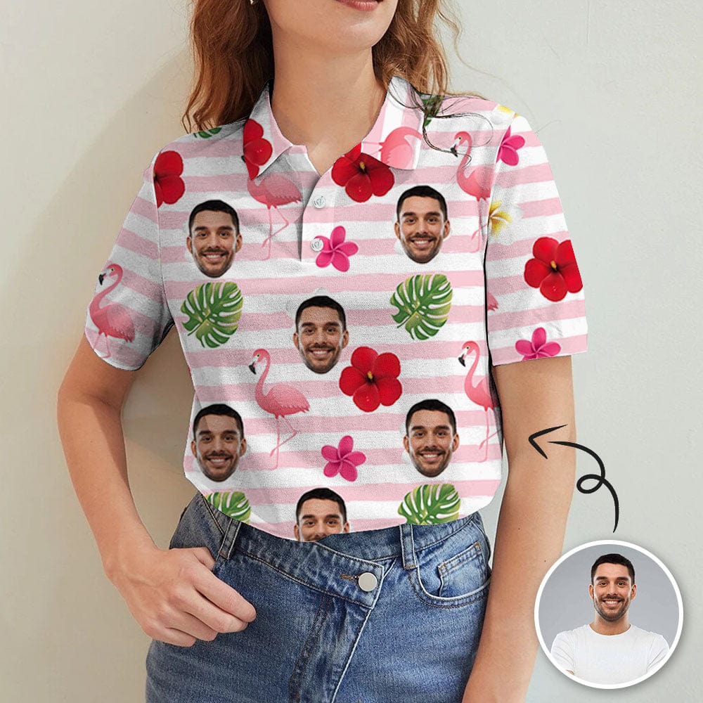 Custom Custom Face Flamingo Red Flowers Women's Polo Shirt - YesCustom