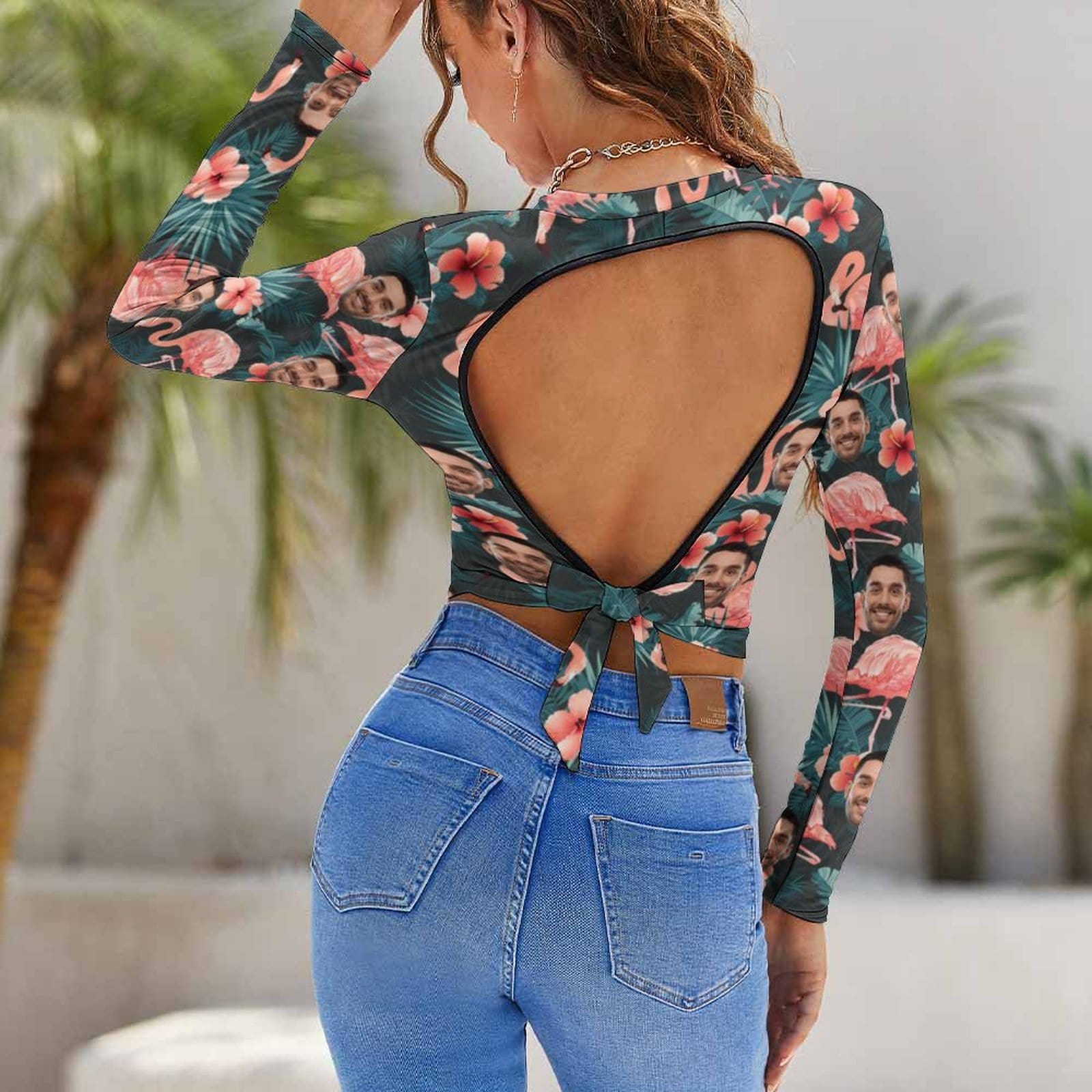 Custom Custom Face Flamingo Shirt Women's Backless T-shirt Graphic Design Tee Print Shirt with Picture - YesCustom