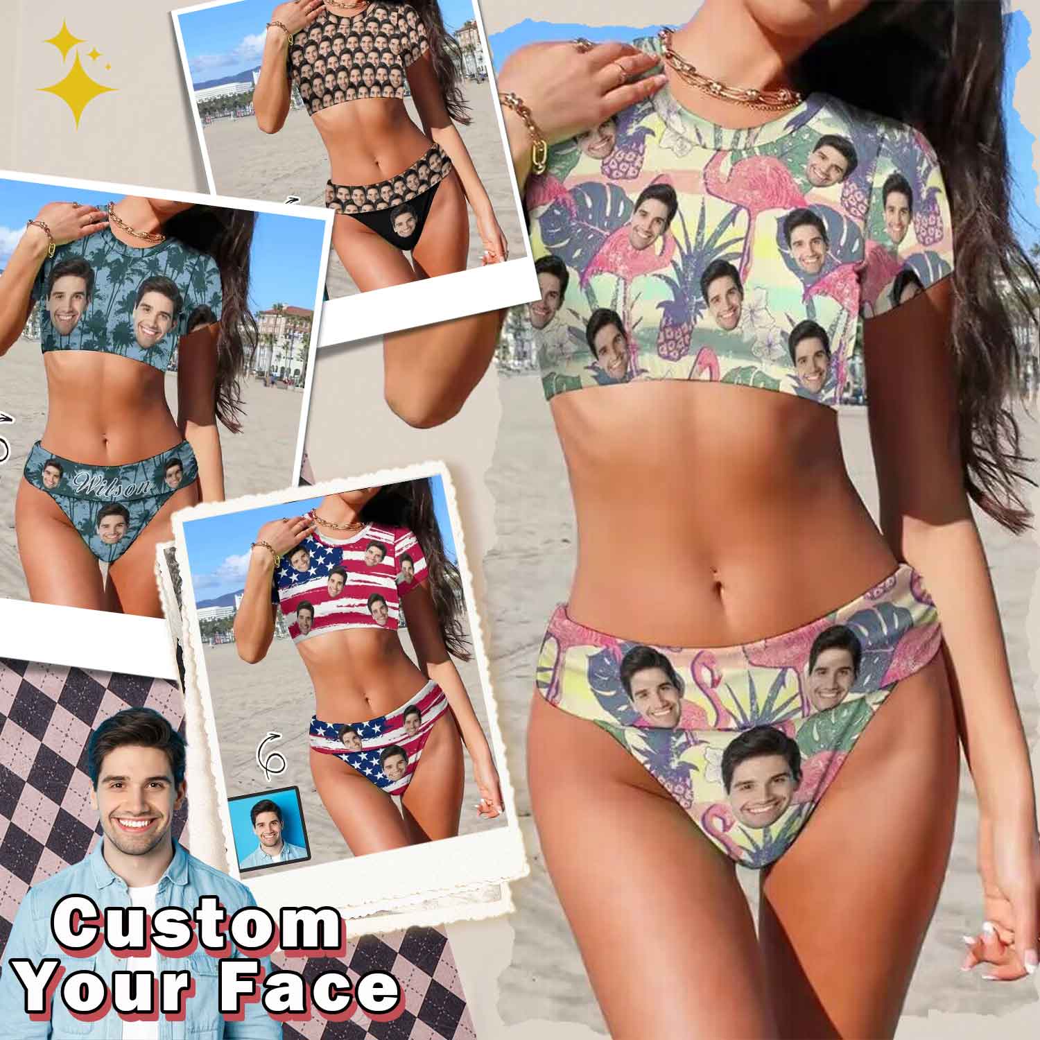 Custom Custom Face Flamingo Short Sleeve Crew Neck Bikini Personalized Women's Two Piece Swimsuit Beach Outfits - YesCustom