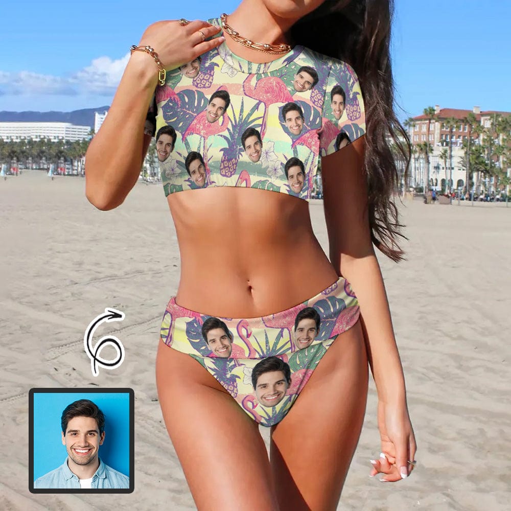 Custom Custom Face Flamingo Short Sleeve Crew Neck Bikini Personalized Women's Two Piece Swimsuit Beach Outfits - YesCustom
