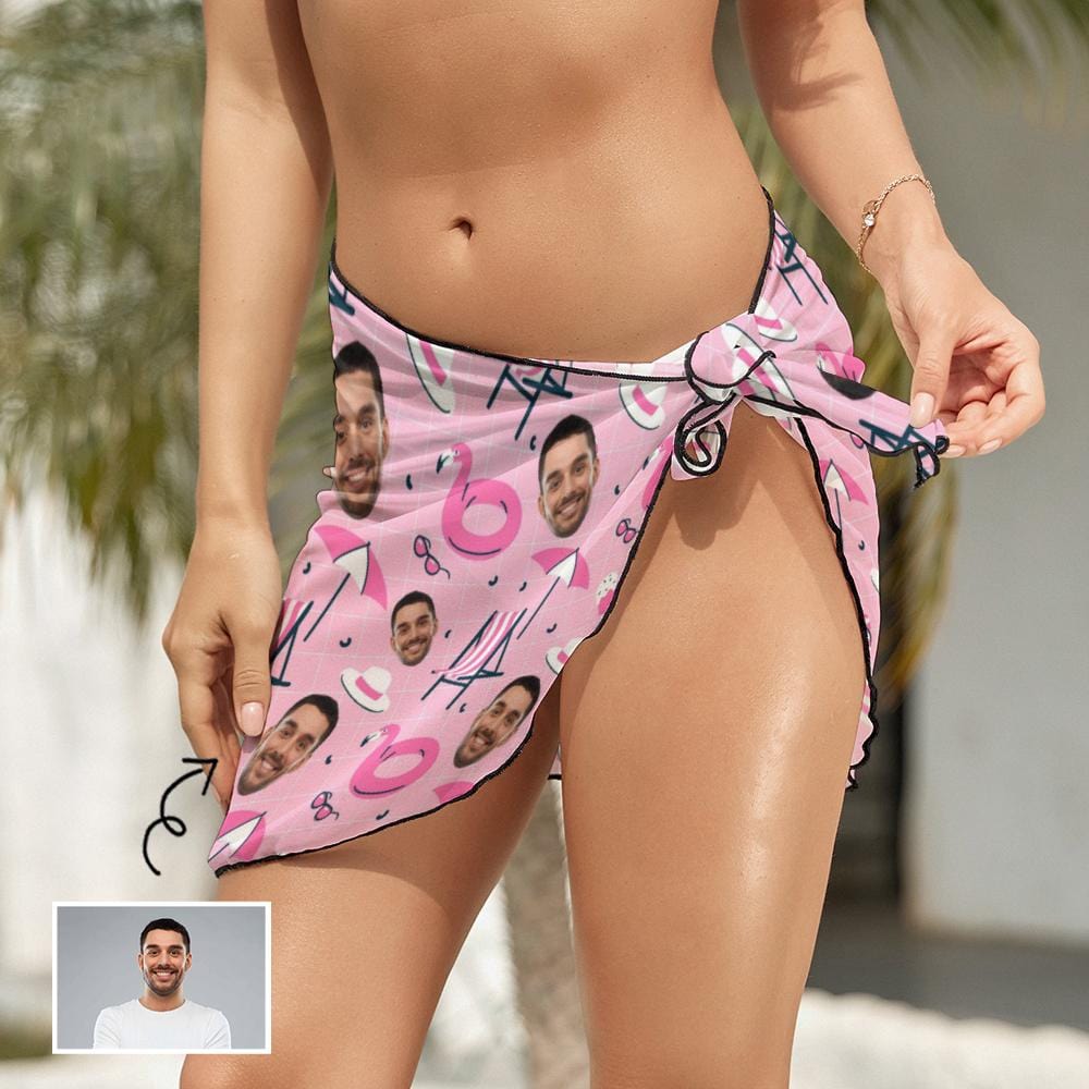 Custom Custom Face Flamingo Swim Bikini Coverup Personalised Short Sarongs Beach Wrap For Women Girls - YesCustom