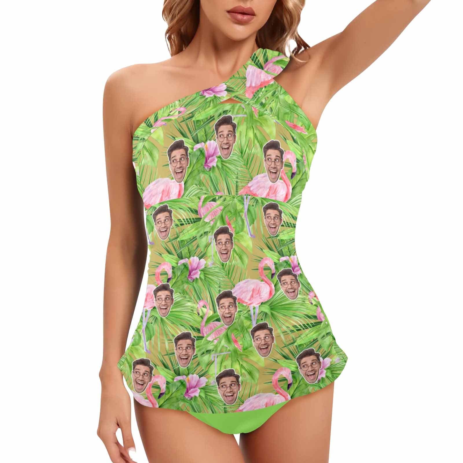 Custom Custom Face Flamingo Swimsuit Personalized Face Women's One Shoulder Two Piece Bathing Suit - YesCustom