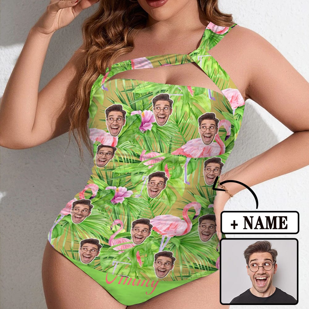 Custom Custom Face Flamingo Swimsuit Personalized Face Women's One Shoulder Two Piece Bathing Suit - YesCustom