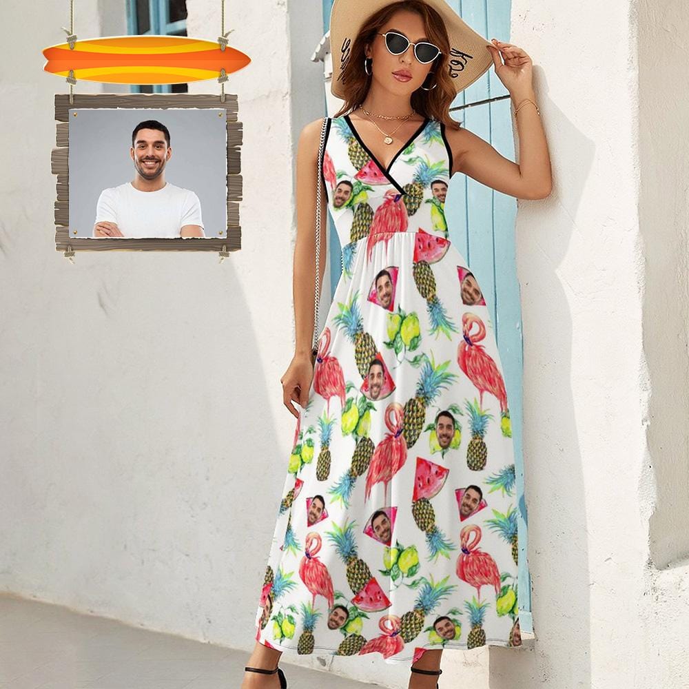 Custom Custom Face Flamingo Watermelon Women's Sleeveless Dress Personalized Sundress - YesCustom