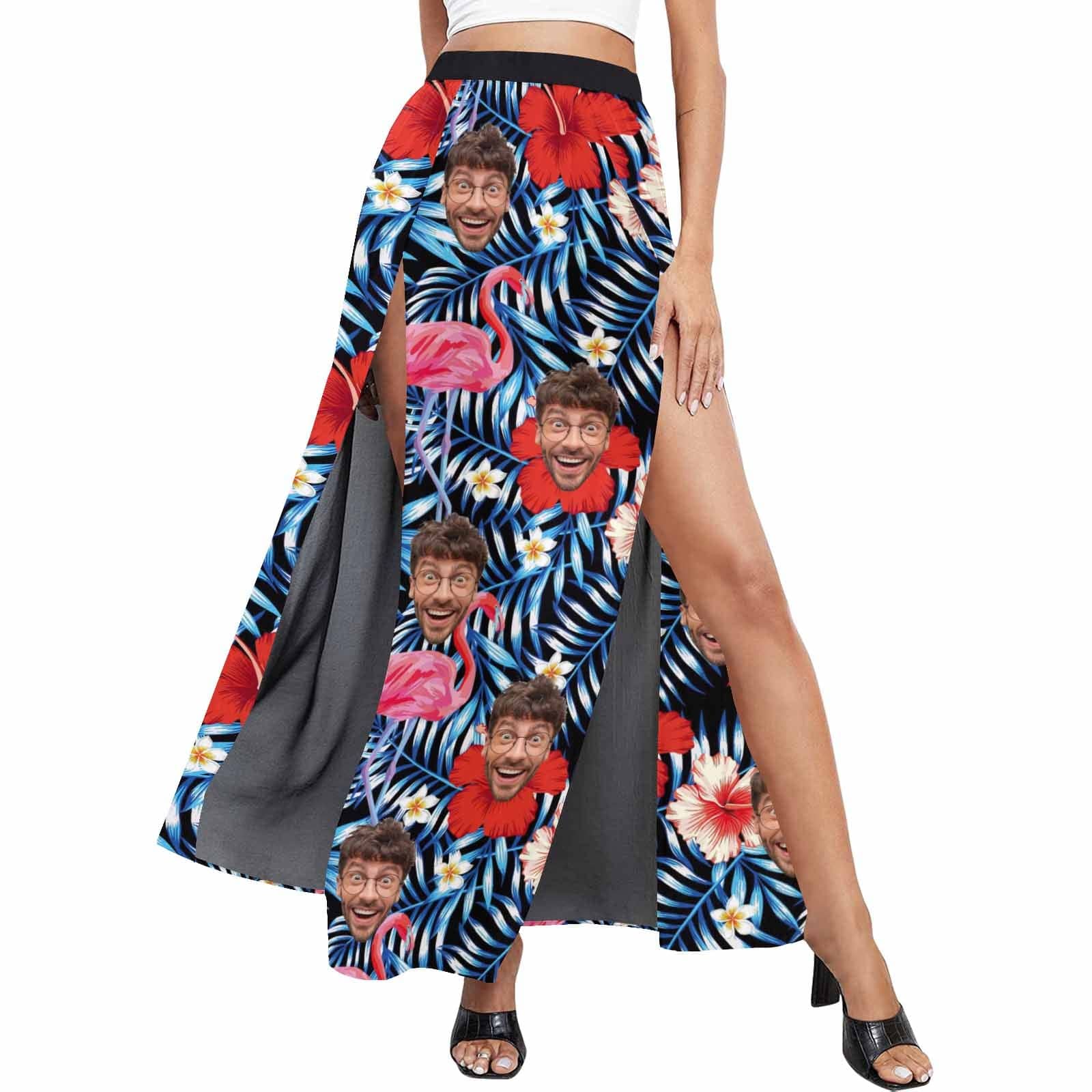 Custom Custom Face Flamingo Women's Sexy Strap Deep V Neck 2 Piece Outfits Dress Crop Top High Split Maxi Dresses Skirt Set - YesCustom