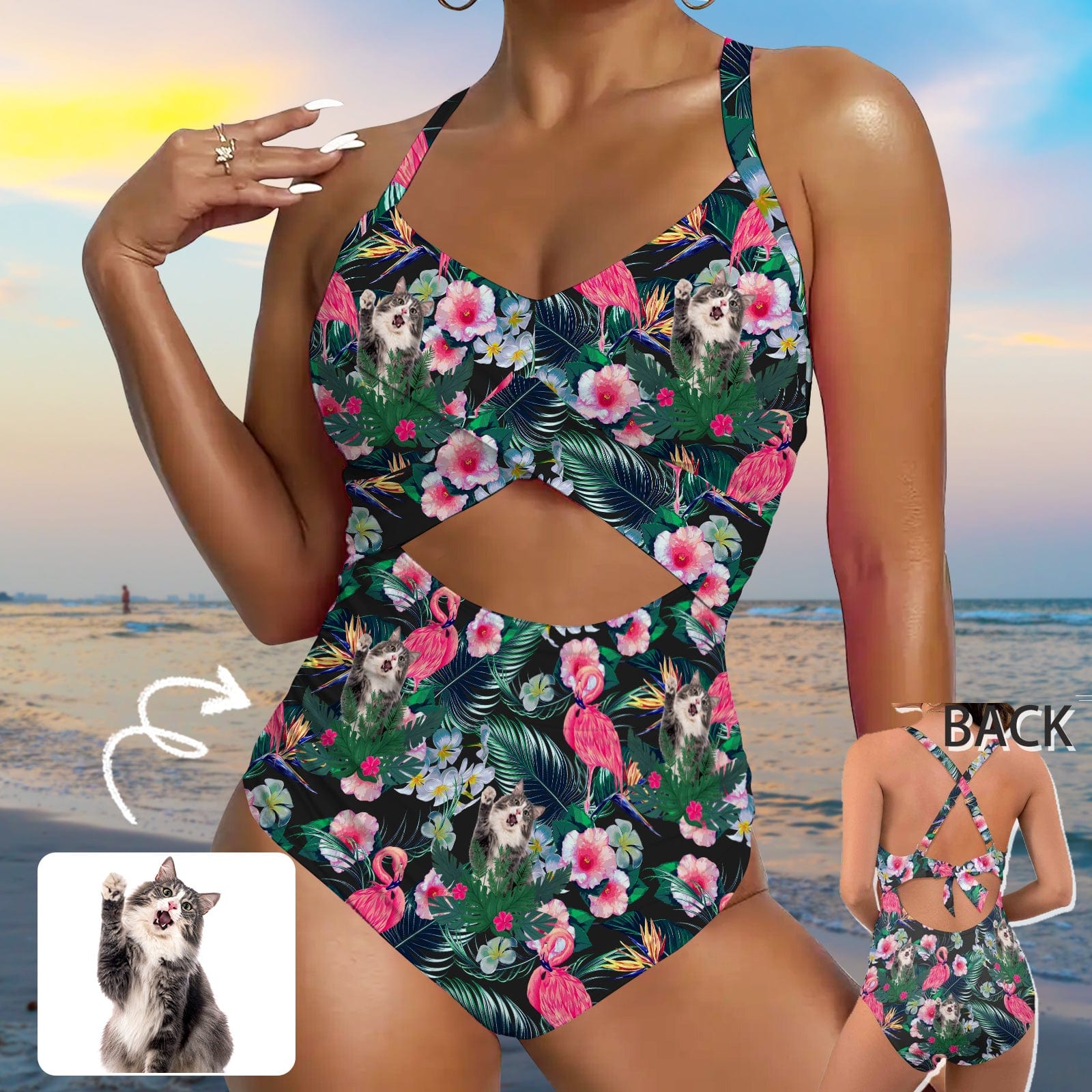 Custom Custom Face Flamingo Women's Twist Front Tie Back One Piece Swimsuit Face Bathing Suit - YesCustom