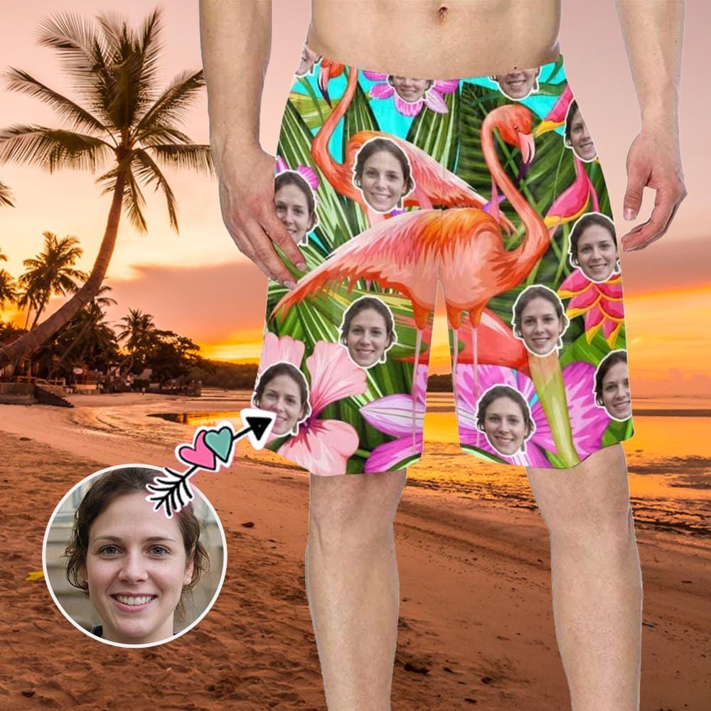 Custom Custom Face Flamingos Flowers Men's Beach Shorts - YesCustom