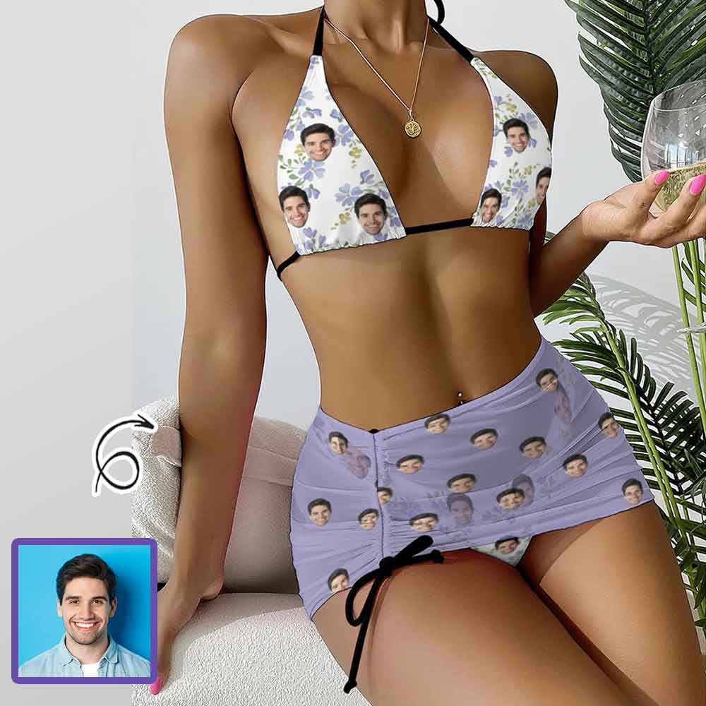 Custom Custom Face Floral Bikini Set For Women 3-Pieces Summer Swimsuit - YesCustom