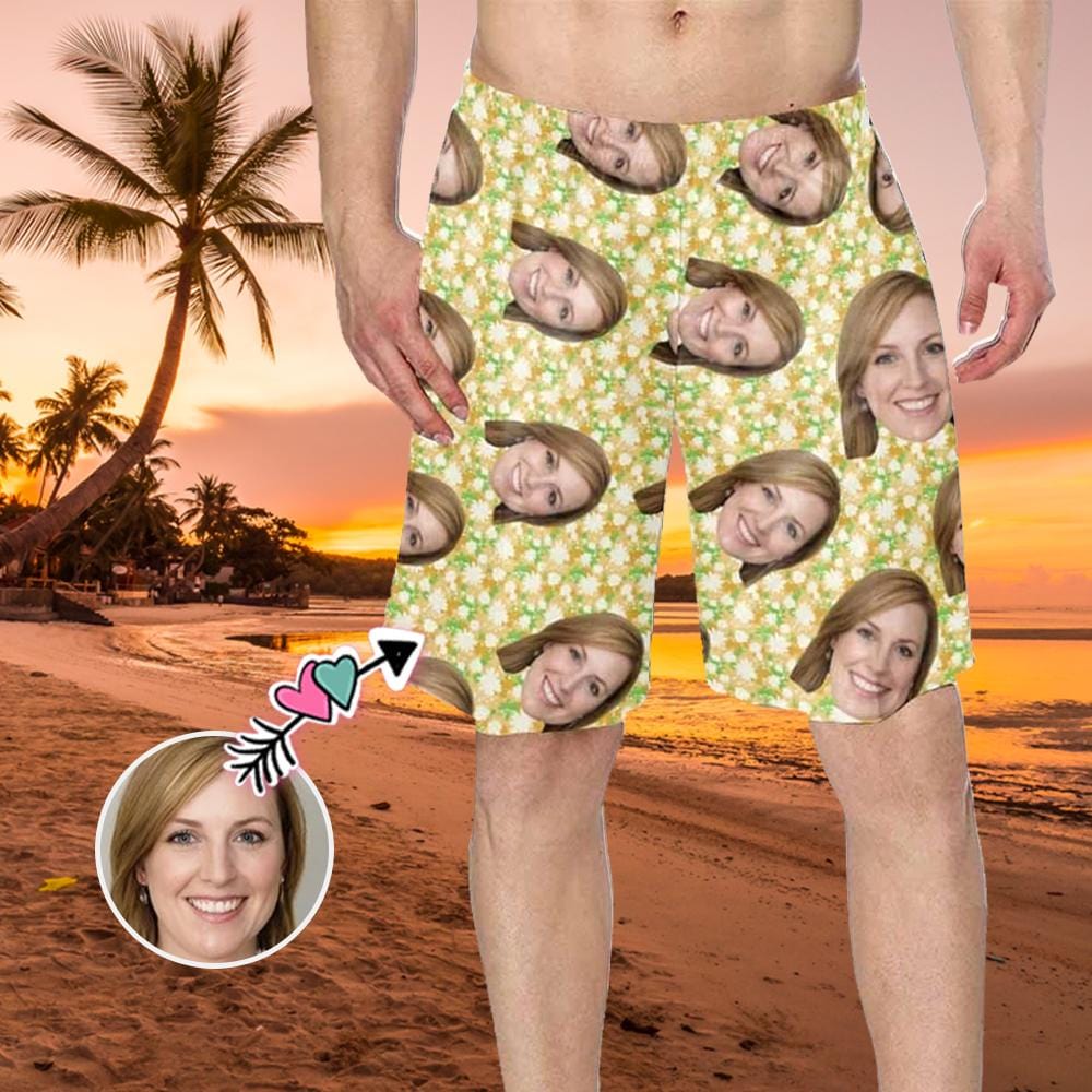 Custom Custom Face Floral Pattern Personalized Photo Men's Elastic Beach Shorts - YesCustom