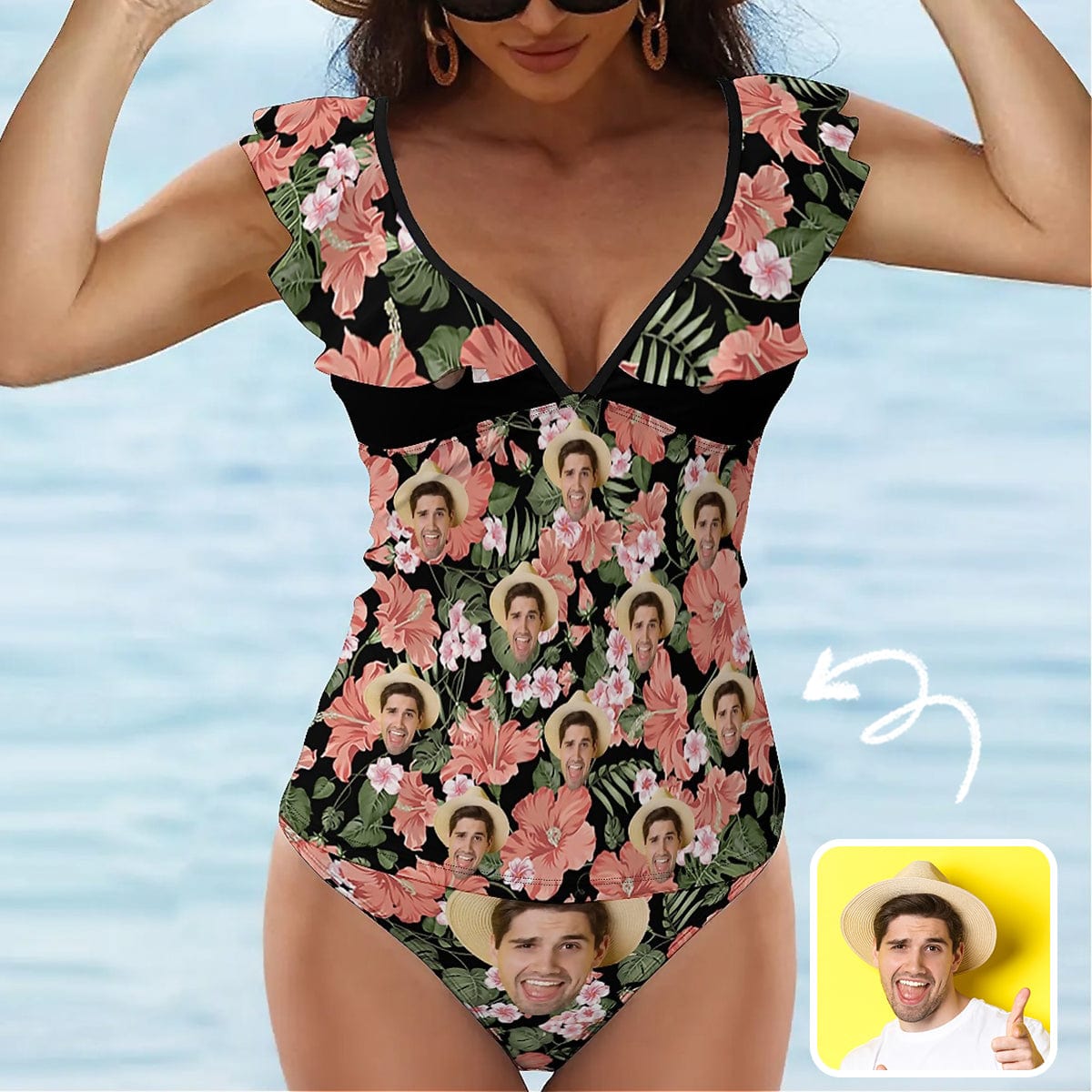 Custom Custom Face Floral Pattern V-Neck Ruffle 2-Piece Tankini Swimsuit - Black - YesCustom