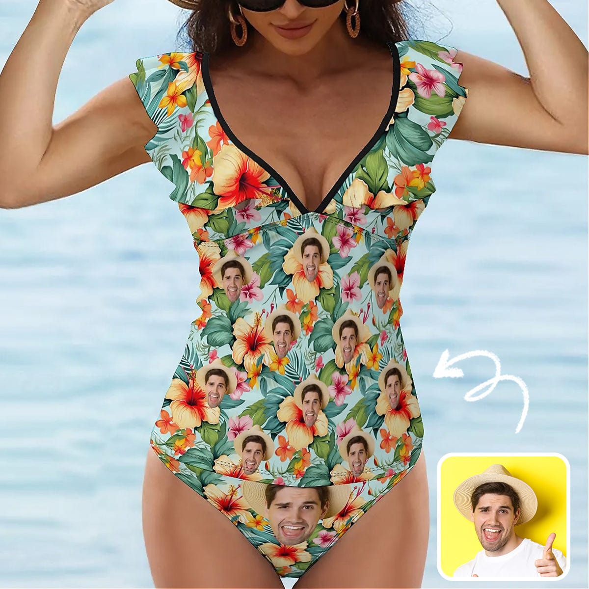 Custom Custom Face Floral Pattern V-Neck Ruffle 2-Piece Tankini Swimsuit - Green - YesCustom