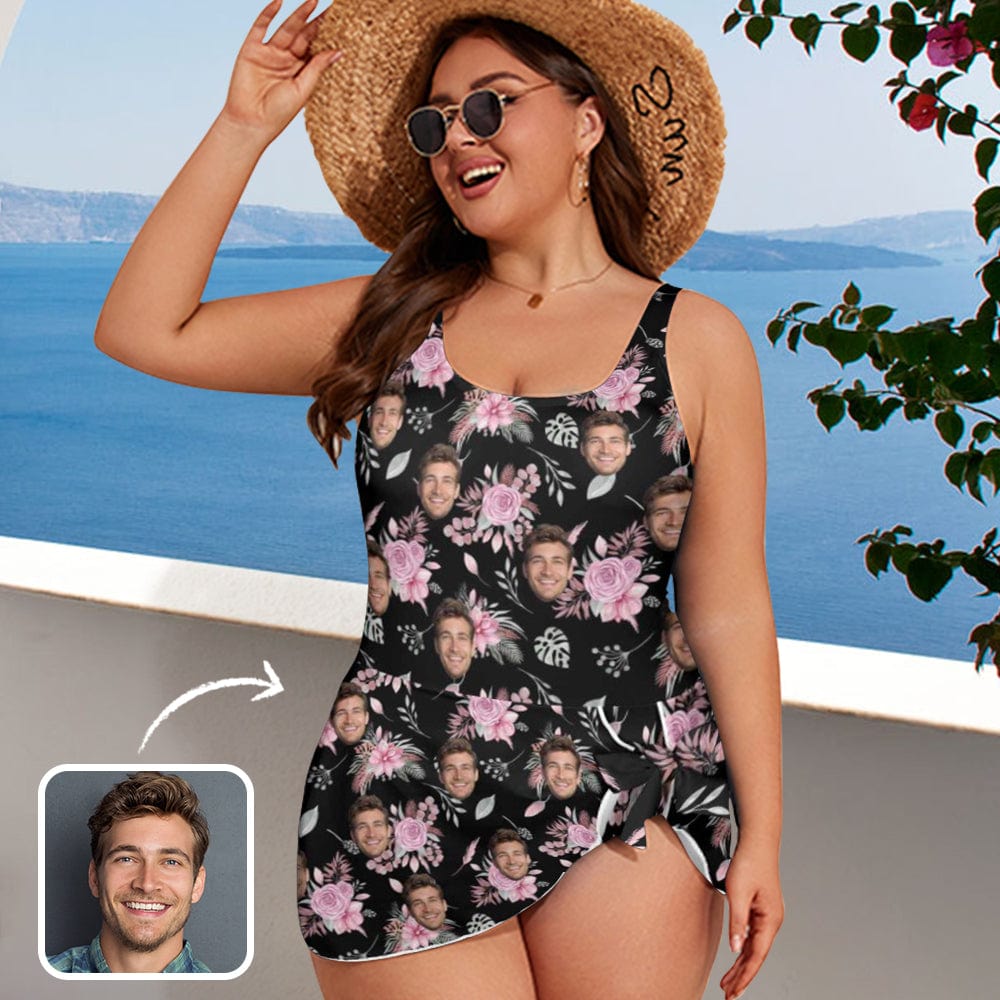 Custom Custom Face Floral Pattern Women's One Piece Skirted Swimsuit - Black - YesCustom