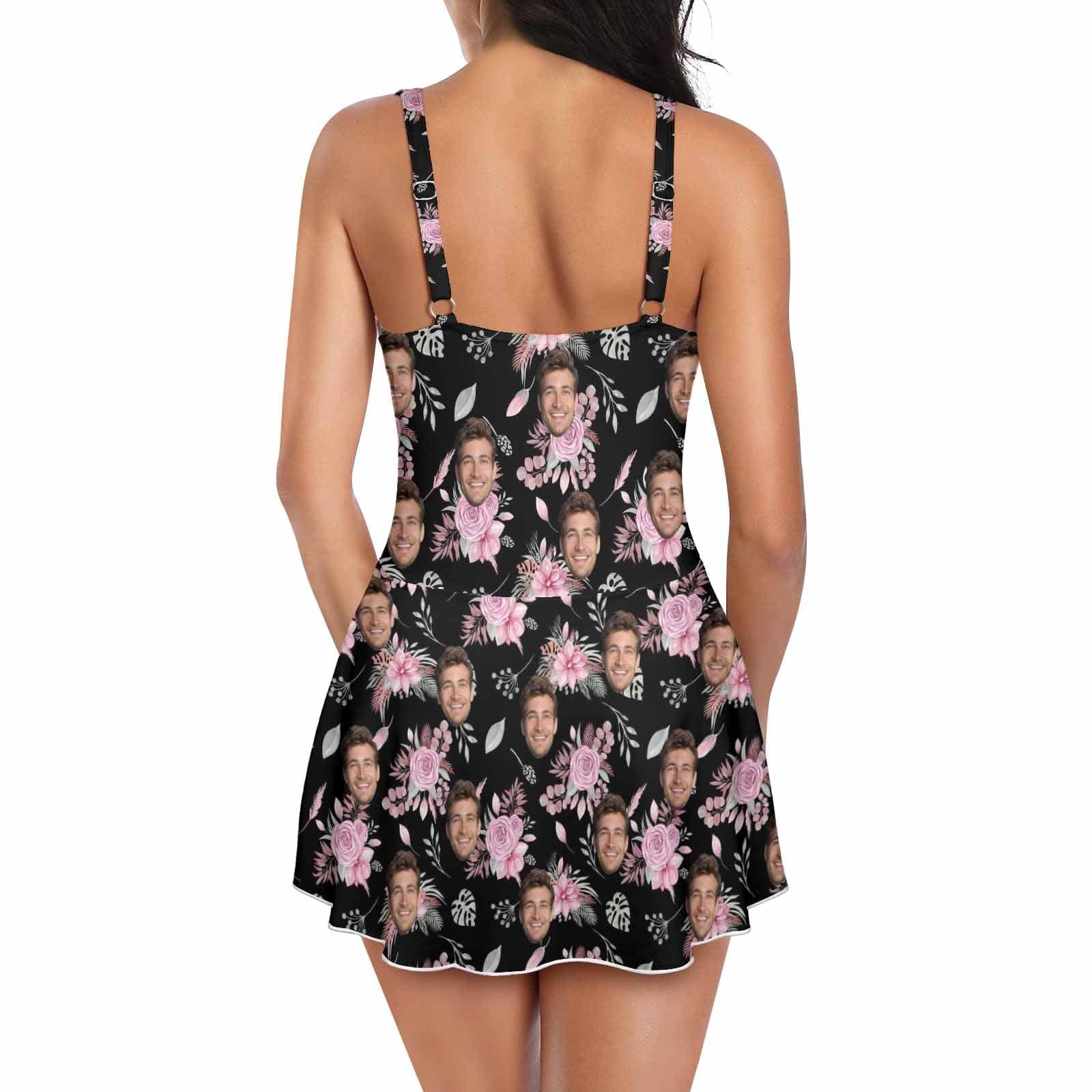 Custom Custom Face Floral Pattern Women's One Piece Skirted Swimsuit - Black - YesCustom