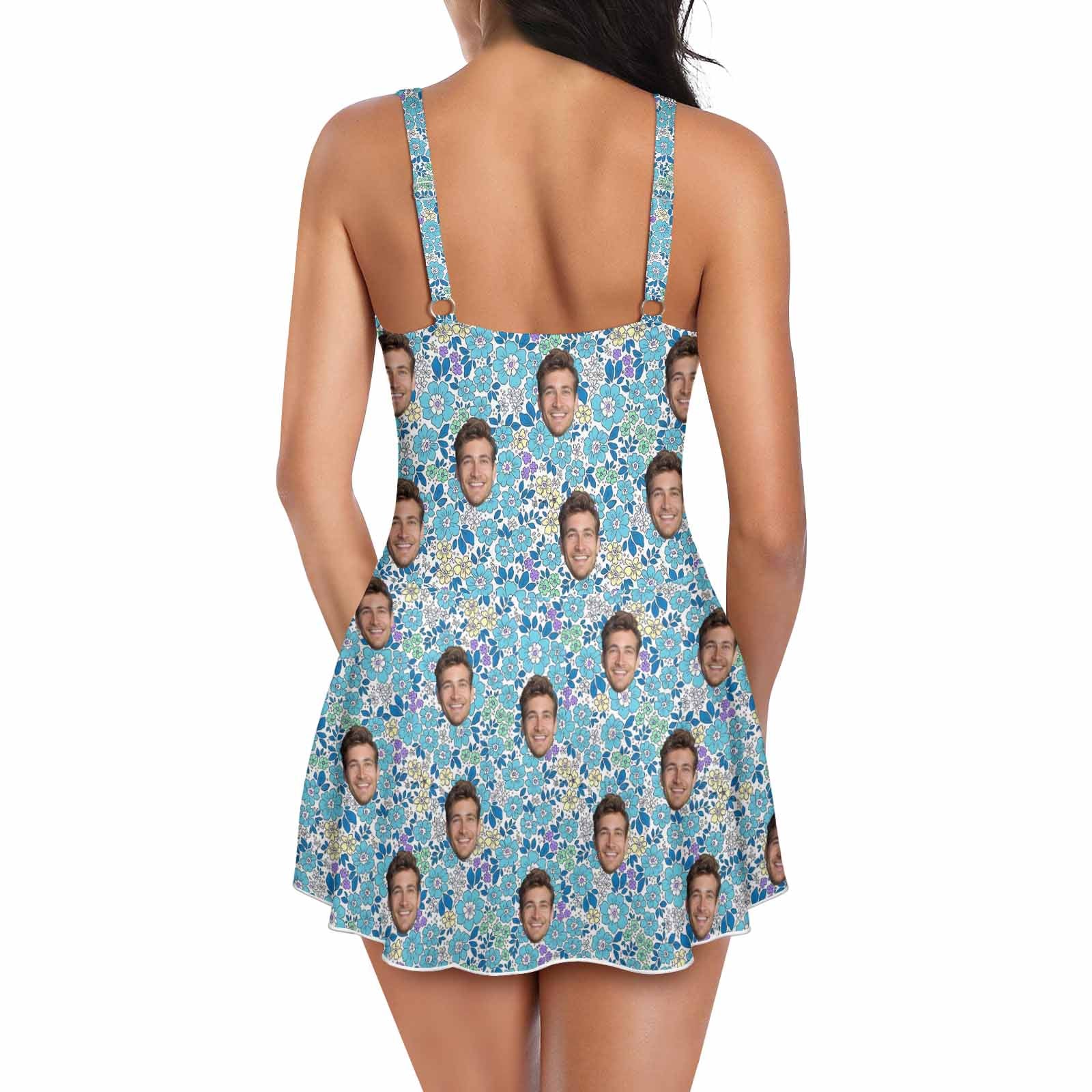 Custom Custom Face Floral Pattern Women's One Piece Skirted Swimsuit - Blue - YesCustom