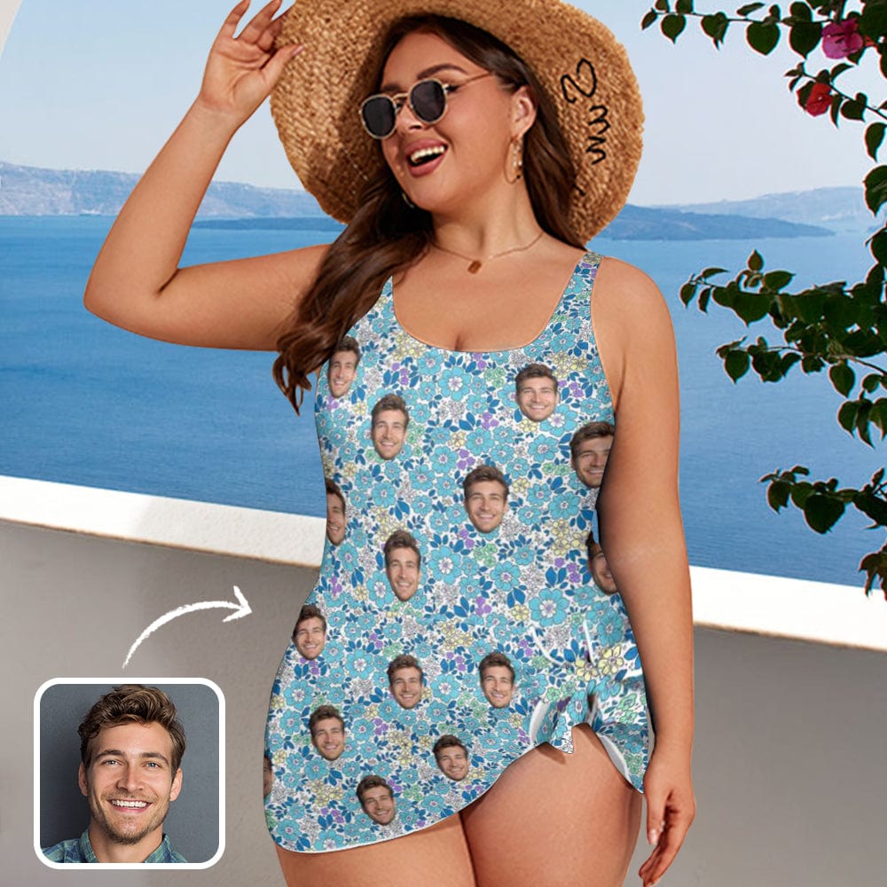 Custom Custom Face Floral Pattern Women's One Piece Skirted Swimsuit - Blue - YesCustom
