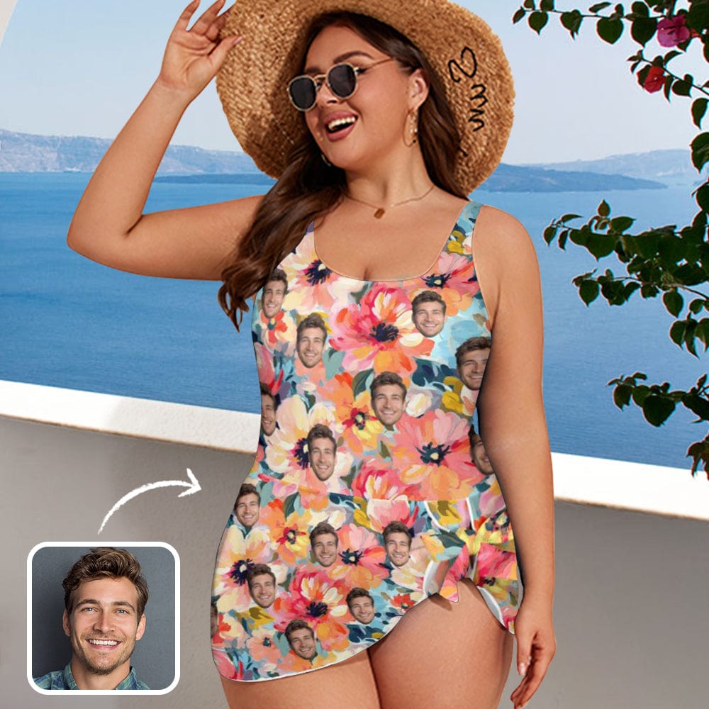 Custom Custom Face Floral Pattern Women's One Piece Skirted Swimsuit - Pink - YesCustom