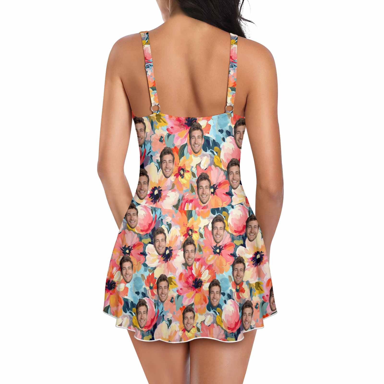 Custom Custom Face Floral Pattern Women's One Piece Skirted Swimsuit - Pink - YesCustom