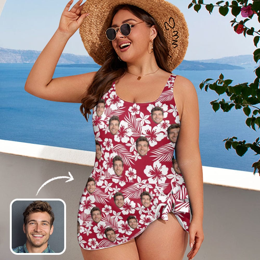 Custom Custom Face Floral Pattern Women's One Piece Skirted Swimsuit - Red - YesCustom