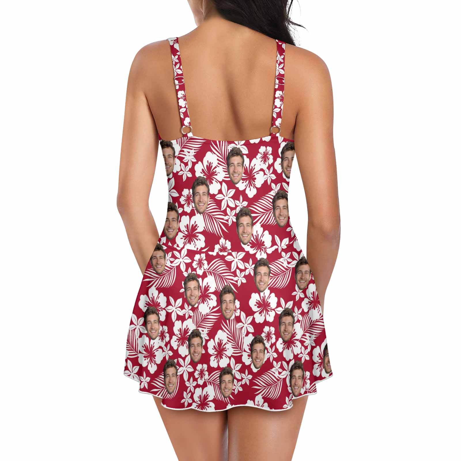 Custom Custom Face Floral Pattern Women's One Piece Skirted Swimsuit - Red - YesCustom