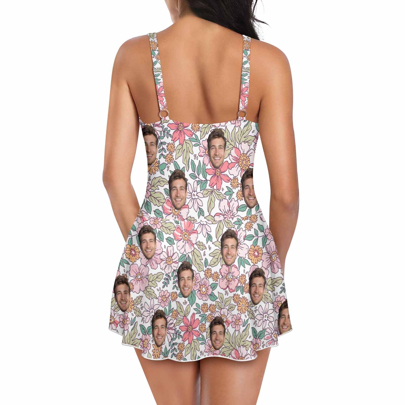 Custom Custom Face Floral Pattern Women's One Piece Skirted Swimsuit - White - YesCustom