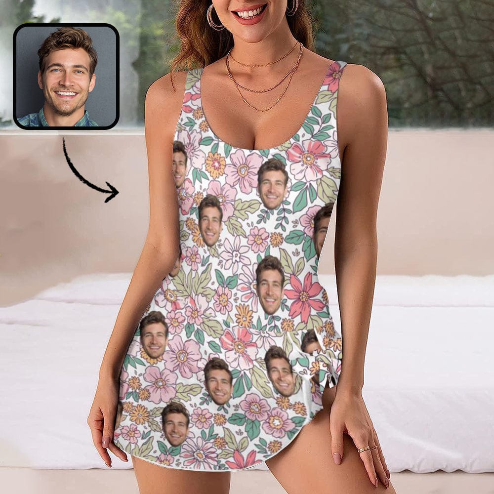 Custom Custom Face Floral Pattern Women's One Piece Skirted Swimsuit - White - YesCustom