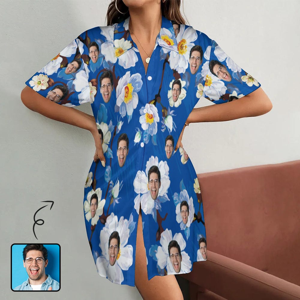 Custom Custom Face Flower Blue Satin Nightgown For Women Silk Nightshirt Button Down Pajamas Dress Boyfriend Sleepshirt S-3XL - YesCustom
