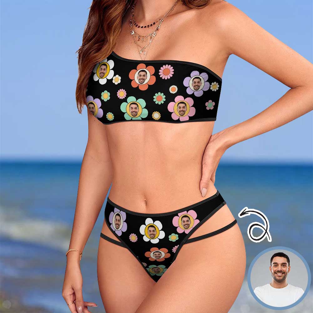 Custom Custom Face Flower Design One Shoulder High Waited Bikini Swimsuit Personalized Women's Two Piece Bathing Suit Beach Outfits - YesCustom
