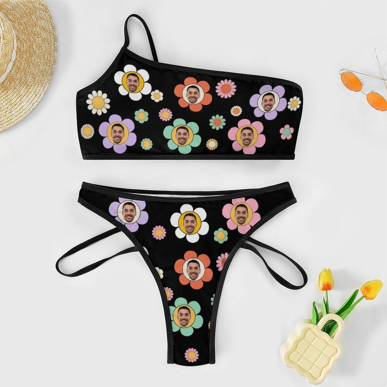 Custom Custom Face Flower Design One Shoulder High Waited Bikini Swimsuit Personalized Women's Two Piece Bathing Suit Beach Outfits - YesCustom