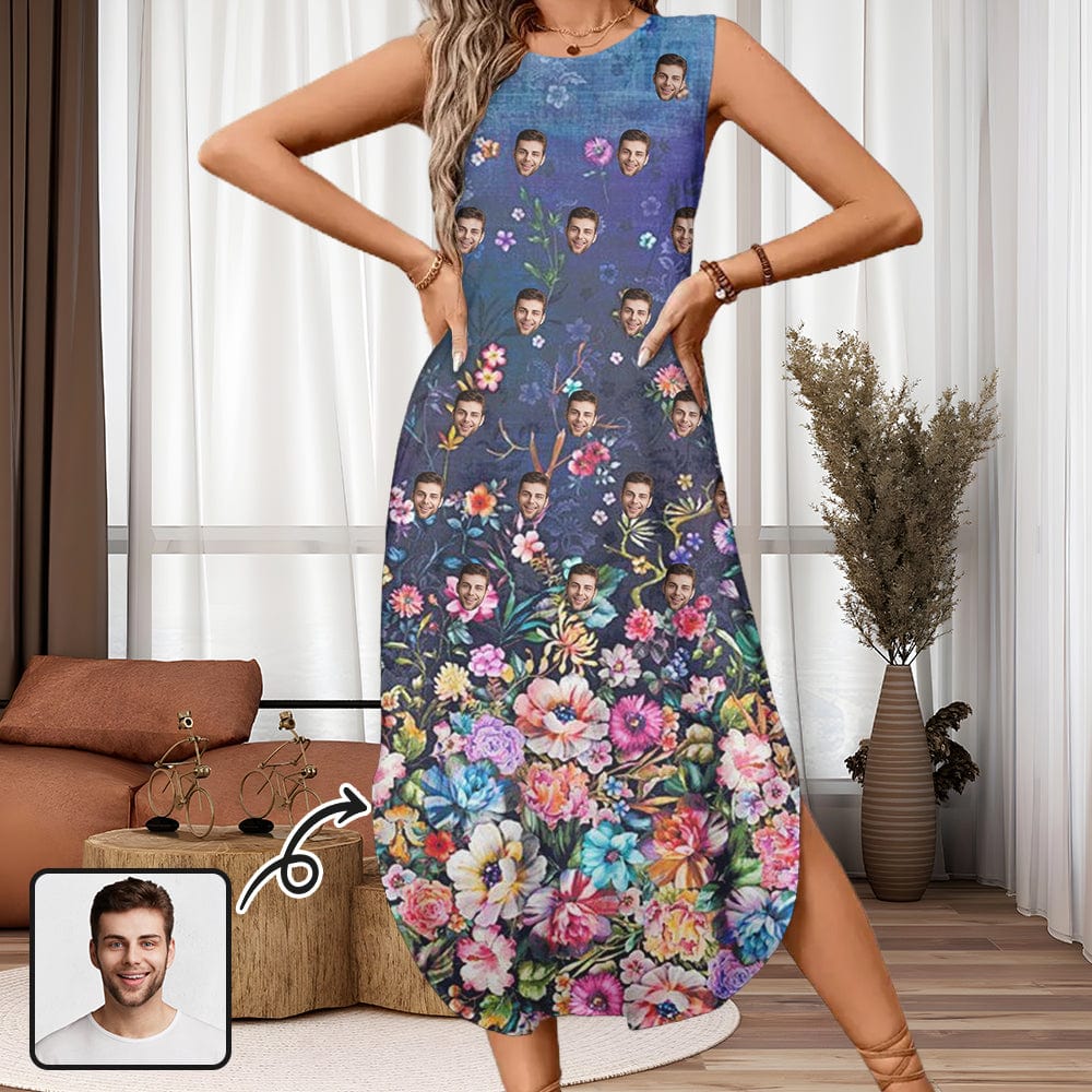 Custom Custom Face Flower Garden Women's Round Neck Sleeveless Sundress Pocket Maxi Dress - YesCustom