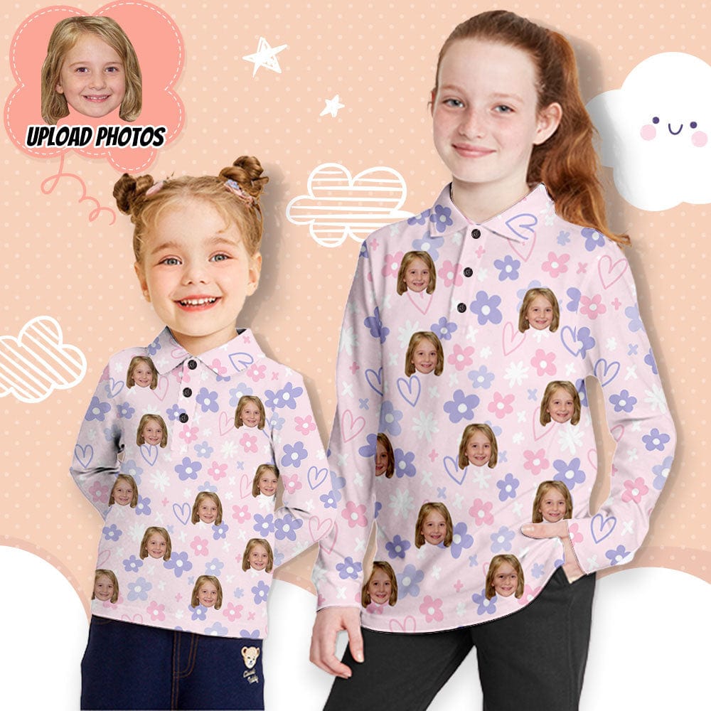 Custom Custom Face Flower Girls' Long Sleeve Polo Shirt - YesCustom