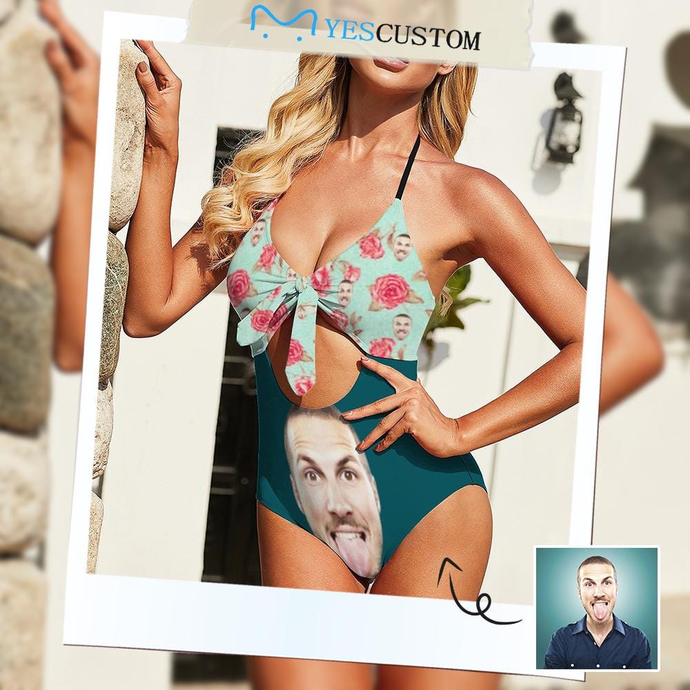 Custom Custom Face Flower Green Women's Backless Bow One Piece Swimsuit - YesCustom