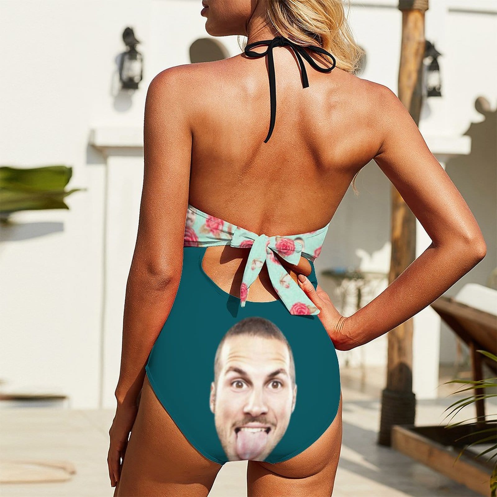 Custom Custom Face Flower Green Women's Backless Bow One Piece Swimsuit - YesCustom