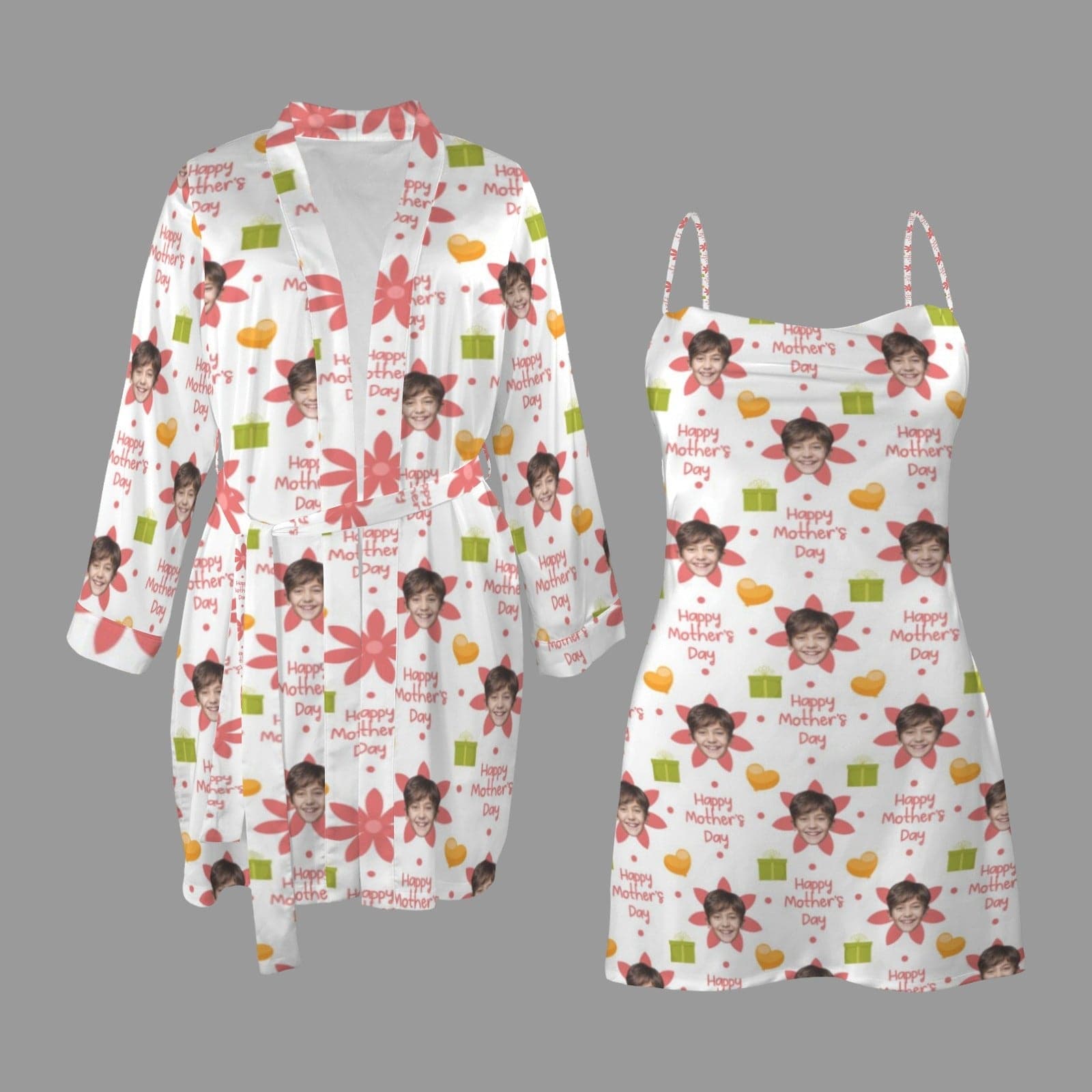 Custom Custom Face Flower Pajama Set Happy Mother's Day Personalized Women's Pajama Robe&Camisole Sleep Dress - YesCustom