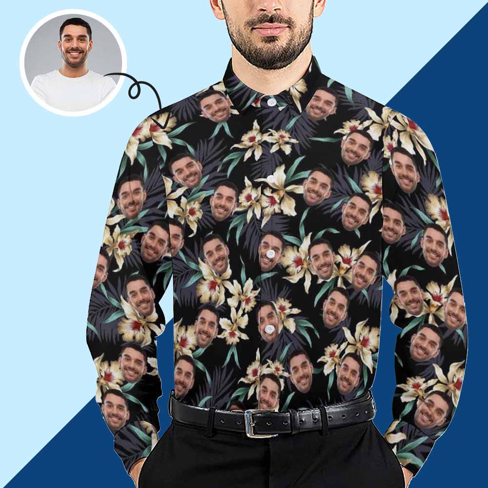 Custom Custom Face Flower Pattern Men's Long Sleeve Dress Shirt - YesCustom