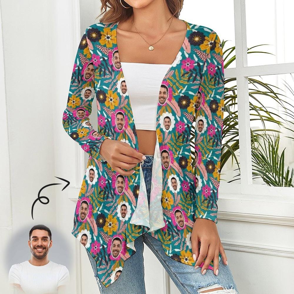 Custom Custom Face Flower Plant Women's Knitted Cardigan Long Sleeve Open Front Cover Ups Tops Gift for Her - YesCustom