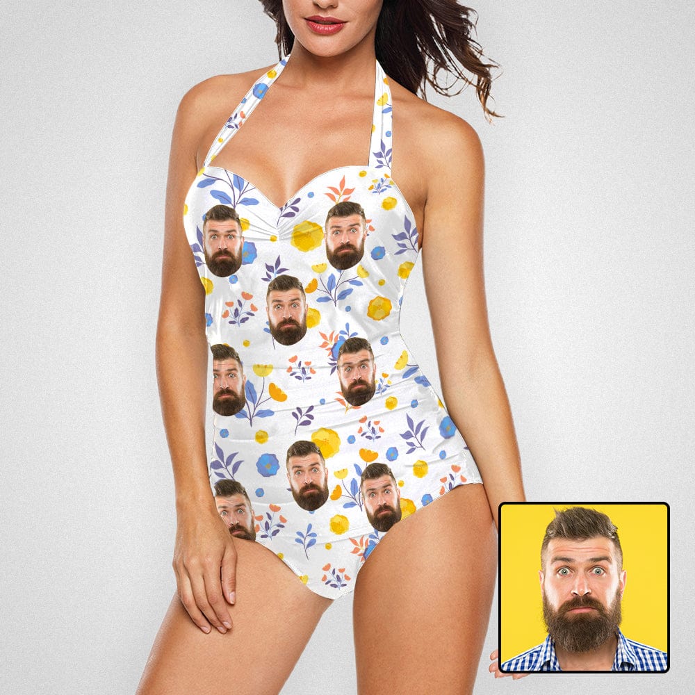 Custom Custom Face Flower Print White Strap Personalized One-piece Retro Bikini Swimsuit Custom One Piece Bathing Suits - YesCustom