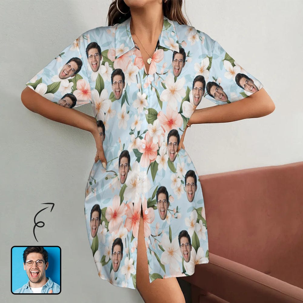 Custom Custom Face Flower Satin Nightgown For Women Silk Nightshirt Button Down Pajamas Dress Boyfriend Sleepshirt S-3XL - YesCustom