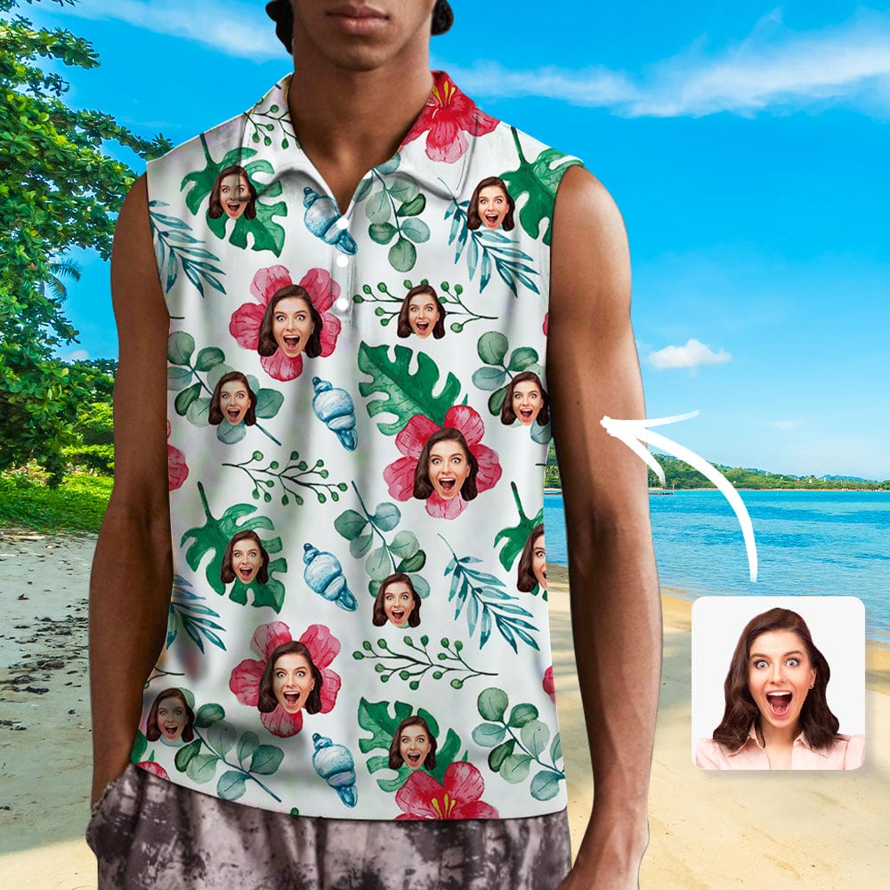 Custom Custom Face Flower Sleeveless Polo Shirt Button Up Summer Casual Workout Tank Tops - YesCustom