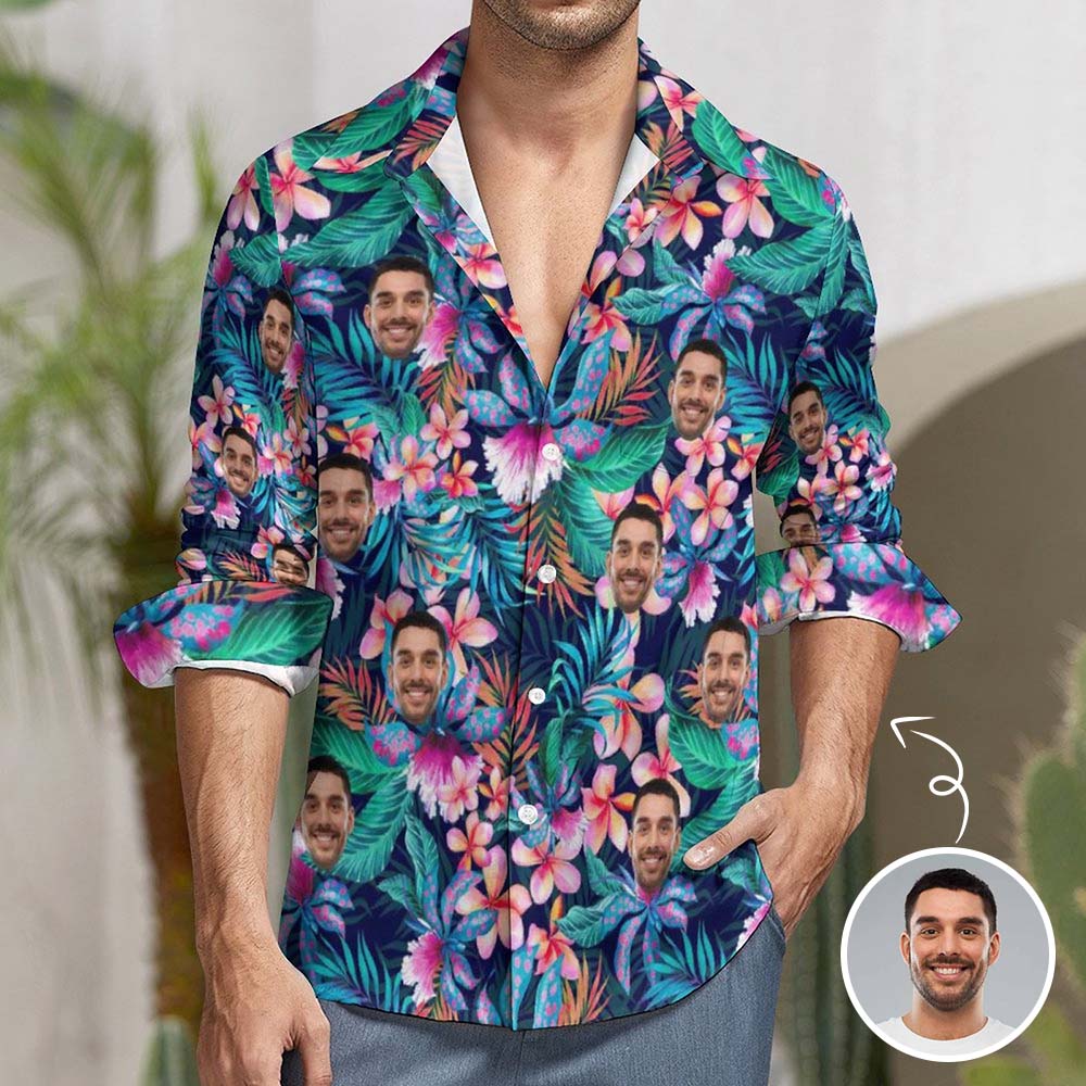 Custom Custom Face Flower Tropical Printing Personalized Shirts Personalise Photo Long Sleeve Shirt Put Your Face on Custom Shirt - YesCustom