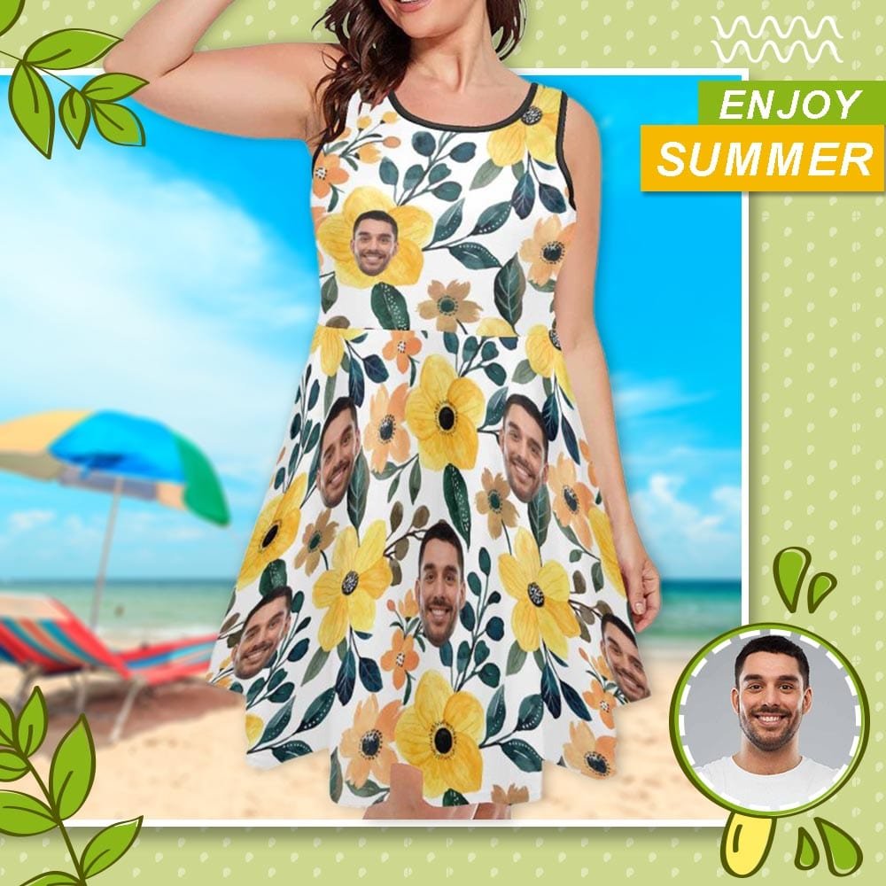 Custom Custom Face Flowers and Leaves Sleeveless Expansion Dress for Women - YesCustom