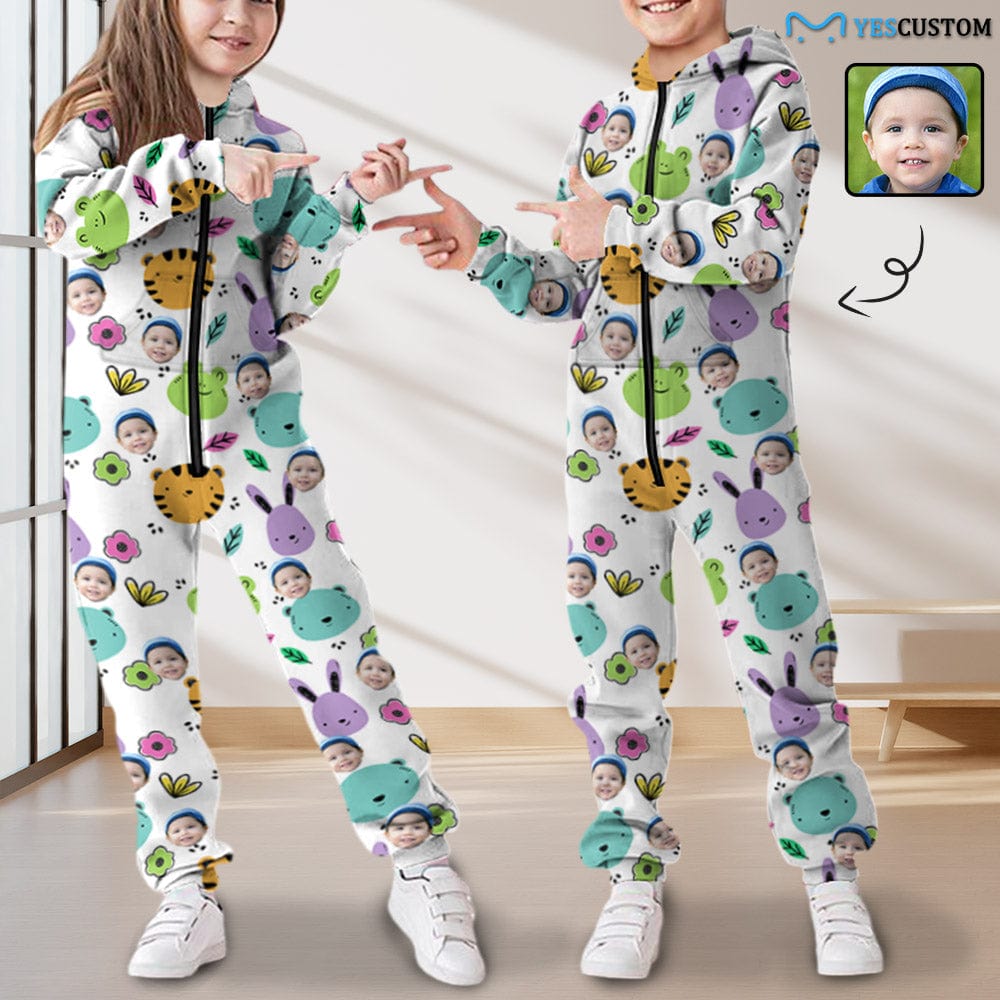 Custom Custom Face Flowers Animals Unisex Jumpsuits Zip Up Hoodie Onesie with Pockets for Kids Boys Girls - YesCustom